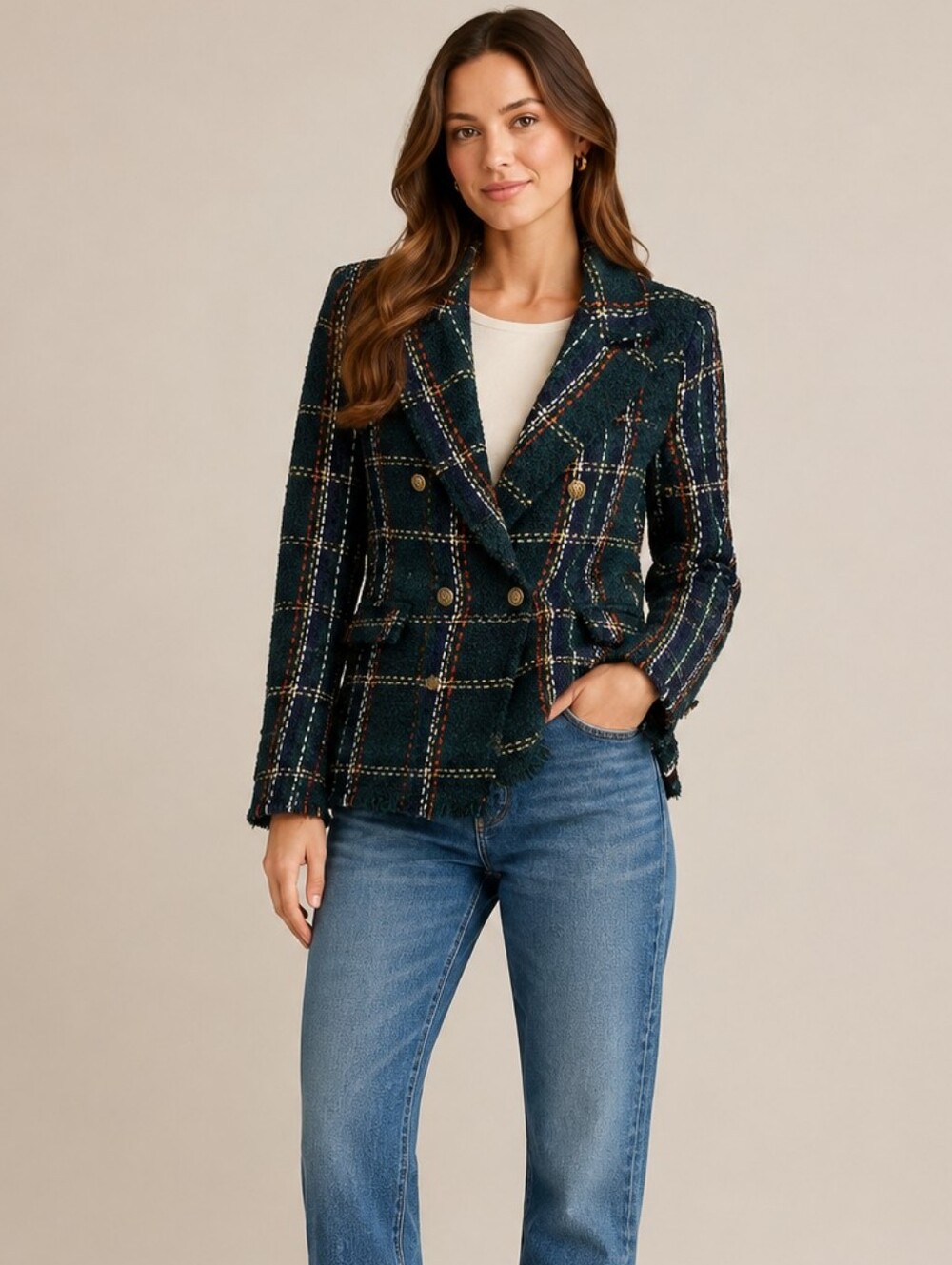 BLANKNYC Green Plaid Tweed Boucle Double Breasted Blazer Raw Hem XS